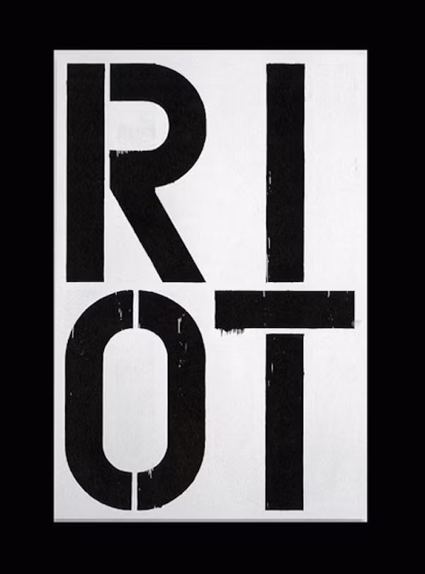 Tác phẩm Riot (1990) của danh họa Christopher Wool, trị giá 29,9 triệu USD. Những bức tranh vẽ chữ cái được làm từ giấy nến đã tạo nên tên tuổi của Christopher Wool. Bức tranh vẽ chữ "RIOT" của ông đã phá vỡ kỷ lục các bức tranh khác khi được mua với giá 29,9 triệu USD.