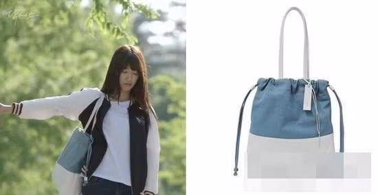 Túi đeo vai vải Park Shin Hye sử dụng pha hai màu trắng - xanh biể của hiệu Bruno Magli. Sản phẩm có giá khoảng 3,8 triệu đồng.