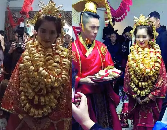 Gần đây, hình ảnh một đám cưới xa hoa “đầy vàng” của đại gia tỉnh Quảng Đông ở Trung Quốc khiến công chúng lóa mắt trước chuỗi vòng vàng nặng trĩu trên người cô dâu. Đám cưới đặc biệt gây sự chú ý khi chú rể ăn mặc như một vị vua nhà Tần trong khi cô dâu đeo vàng đầy người với ít nhất 40 vòng vàng quanh cổ, chưa kể số vàng quấn quanh tóc.