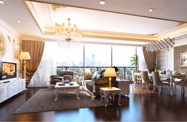 Phòng khách sang trọng theo phong cách hoàng gia nhà ca sĩ Thu Minh. Kết hợp hài hòa giữa sofa, kệ tủ, giấy dán tường… tạo thành một không gian hoàn hảo. Đặc biệt, đèn chùm giúp không gian thêm hoàn hảo, lộng lẫy.