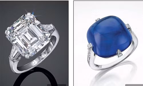 Phiên đấu giá cũng có những viên ngọc của nhà hoạt động xã hội Carroll Petrie gồm một viên sapphire Cabochon Kashmir (bên phải) và một chiếc nhẫn kim cương Graff (trái).