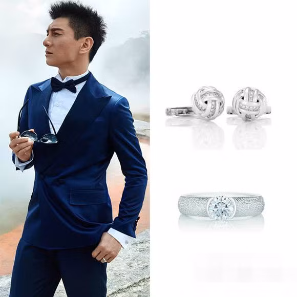 Trong bộ ảnh cưới, Ngô Kỳ Long đeo nhẫn kim cương của dòng Brio hãng DE BEERs, bộ vest của hiệu Lanvin. Ảnh: Yoka.