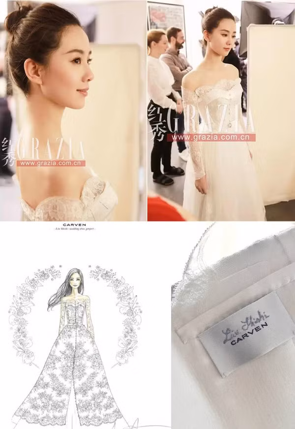 Chiếc váy satin màu trắng đính ngọc trai, do 20 thợ thủ công lành nghề làm trong hơn 3 tháng với gần 500 giờ mới hoàn thành. Trị giá của chiếc váy được ước tính khoảng hơn 3 triệu NDT (gần 500.000 USD). Ảnh: Sina.