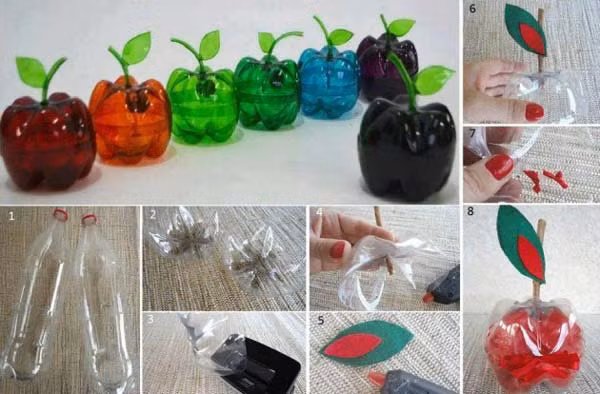 Những hộp đựng đồ hình trái táo được chế từ chai nhựa khá dễ thương.