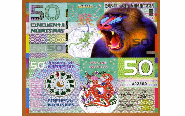 Tiền con khỉ Úc Kamberra 50 Numismas là tờ tiền kỉ niệm được in ra để làm tiền lì xì cho tết của người châu Á.