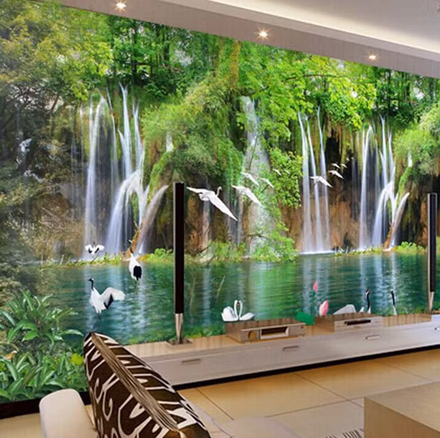 Với tấm tranh dán tường 3D này, bạn cảm giác như mình đang ngồi thư giãn cạnh thác nước mát mẻ.