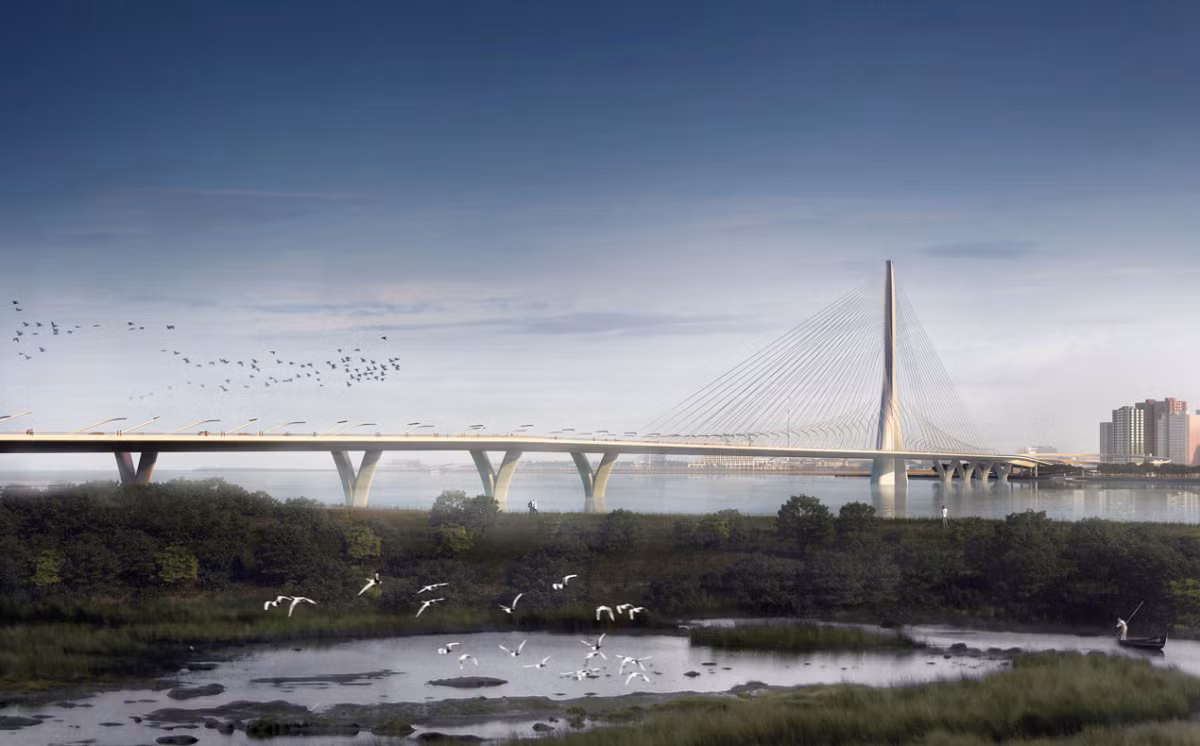 Cầu Danjiang ở Đài Bắc, Đài Loan (Trung Quốc) do Zaha Hadid Architects thiết kế sẽ trở thành cầu dây văng một cột trụ dài nhất thế giới.