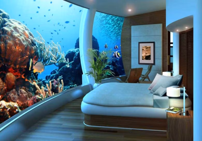 6. Poseidon Undersea Resort, Fiji: Poseidon Undersea là khu nghỉ dưỡng trên đảo Fiji có kiến trúc ấn tượng, độc đáo, nằm sâu 12 m trong lòng đại dương. Nó có 22 phòng, một nhà hàng, quầy bar, thư viện, phòng hội nghị, tiệc cưới và spa. Đặc biệt, Poseidon Undersea còn cung cấp một hạm đội tàu ngầm hiện đại cho du khách khám phá, chiêm ngưỡng những rặng san hô. Giá 1 tuần ở tại đây vào khoảng 30.000 USD cho 2 người.