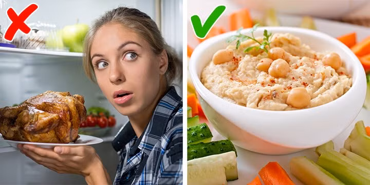 Hummus: Hummus là một món ăn của vùng Trung Đông và Ả Rập, làm từ đậu chickpea nấu chín, nghiền nhuyễn trộn với xốt tahini, dầu ô liu, nước cốt chanh muối và tỏi. Món ăn này là một nguồn protein tuyệt vời, đặc biệt nếu bạn tự nấu ở nhà. Nếu bạn đang đói, cà rốt hoặc cần tây chấm hummus là một lựa chọn tuyệt vời.
