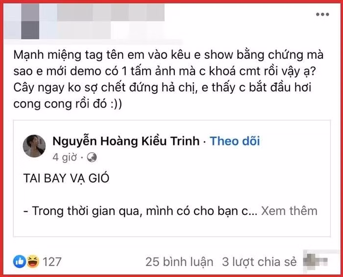 Tuy nhiên N. nhiều lần khất hẹn khiến bản thân cô cũng bị ảnh hưởng, hot girl Kiều Trinh Xíu cũng khẳng định không bao giờ mượn tiền hay vay mượn ai và cũng không liên quan đến tác giả bài tố.