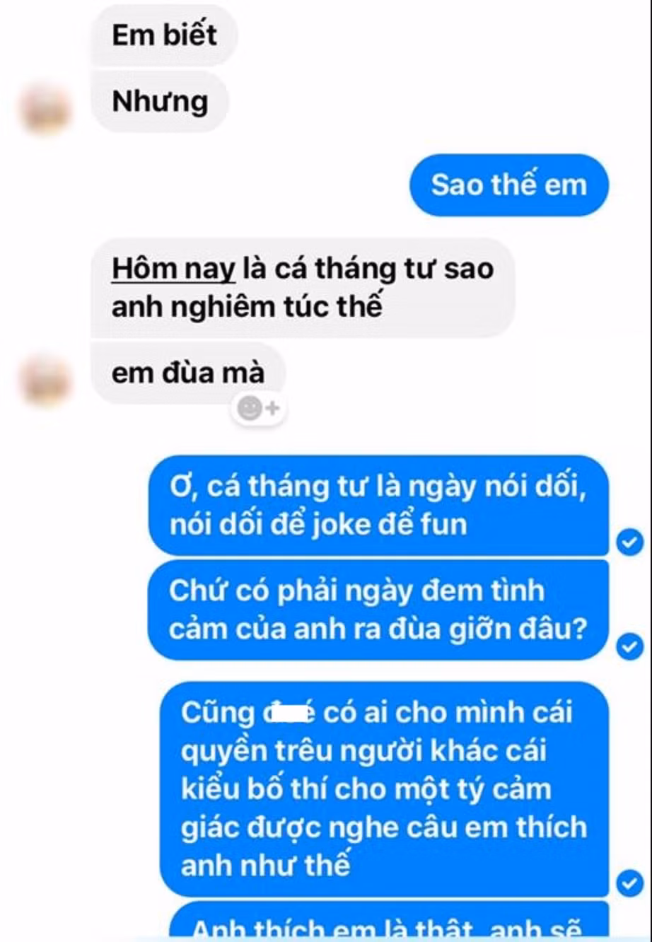 Tuy nhiên, khi thấy chàng trai tưởng thật, cô gái đã phải thú nhận rằng nay là ngày Cá tháng Tư và cô chỉ đùa anh chứ không thể thích anh như lời đã nói.