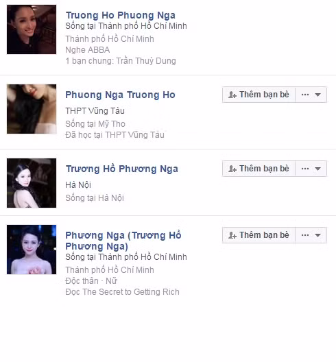 Chỉ cần bỏ ra vài giây sử dụng công cụ tìm kiếm trên mạng xã hội Facebook với các từ khóa "nóng" như "Trương Hồ Phương Nga" hay "Truong Ho Phuong Nga"... hàng trăm kết quả đã xuất hiện. Hầu hết tất cả những trang cá nhân này đều sử dụng ảnh đại diện là những tấm ảnh mà "hoa hậu" Trương Hồ Phương Nga từng chụp trong quá khứ. Các thông tin cá nhân của những tài khoản này rất đa dạng, ví dụ như phần nơi sinh sống có thể ở: TP Hồ Chí Minh, Vũng Tàu hoặc Hà Nội....