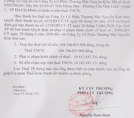 Quyết định xử phạt vi phạm hành chính về thuế của Cục thuế TPHCM. Ảnh: Sài gòn Giải phóng