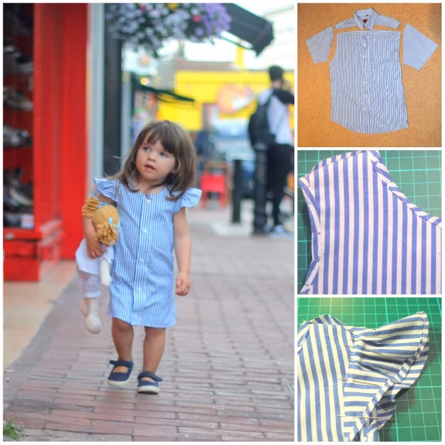 Bố mẹ có thể tái chế những chiếc áo sơ-mi cũ của mình thành váy xinh cho bé. Cách làm thực ra không hề phức tạp như chúng ta vẫn tưởng. Ảnh: Brightside.