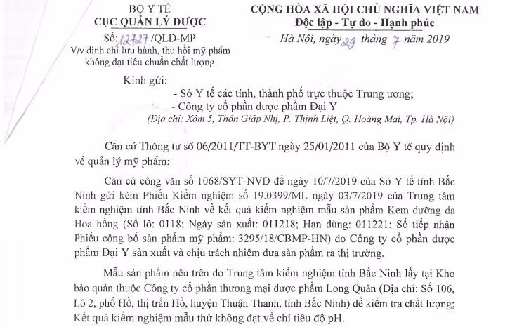 Kem dưỡng da Hoa hồng Dược phẩm Đại Y bị thu hồi chất lượng kém thế nào? Kem duong da Hoa hong Duoc pham Dai Y bi thu hoi chat luong kem the nao?