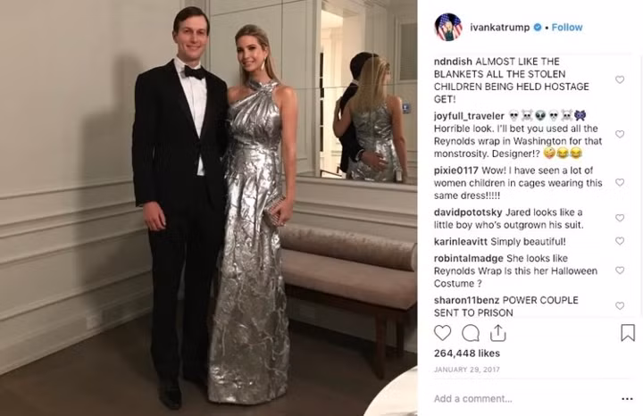 Ái nữ của Tổng thống Trump sau đó cũng làm "dậy sóng" dư luận khi đăng tải một bức ảnh cô đang mặc chiếc váy Carolina Herrera trị giá 5.000 USD vào đúng ngày Tổng thống Trump ký sắc lệnh cấm đi lại.