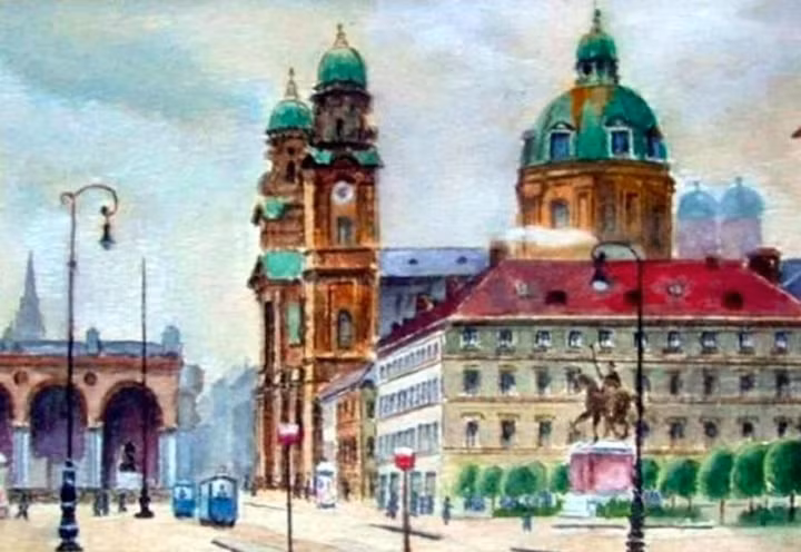 Những nét vẽ của "họa sĩ" Hitler năm 1914 ghi lại cảnh Quảng trường Odeonsplatz ở Đức.