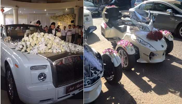 Thông tin trên nhiều báo điện tử tiết lộ, bố mẹ của cô dâu, chú rể đều thuộc hàng đại gia ở Vinh. Bố chú rể là đại gia Hùng - Chủ tịch Câu lạc bộ mô tô thể thao Nghệ An. Đại gia này dùng mẫu xe mui trần Rolls-Royce Phantom Drophead Coupe làm xe hoa cho đám cưới con trai.
