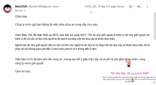Ngay khi nhận được đoạn mail với nội dung nhạy cảm, Độ Mixi vô cùng hoang mang, thế nhưng cách giải quyết cuối cùng khiến ai cũng nể phục. Tộc trưởng của "bộ tộc Mixigaming" đã nhanh chóng trình báo lên cơ quan chức năng về sự việc trên, đồng thời phản hồi email cực "gắt".