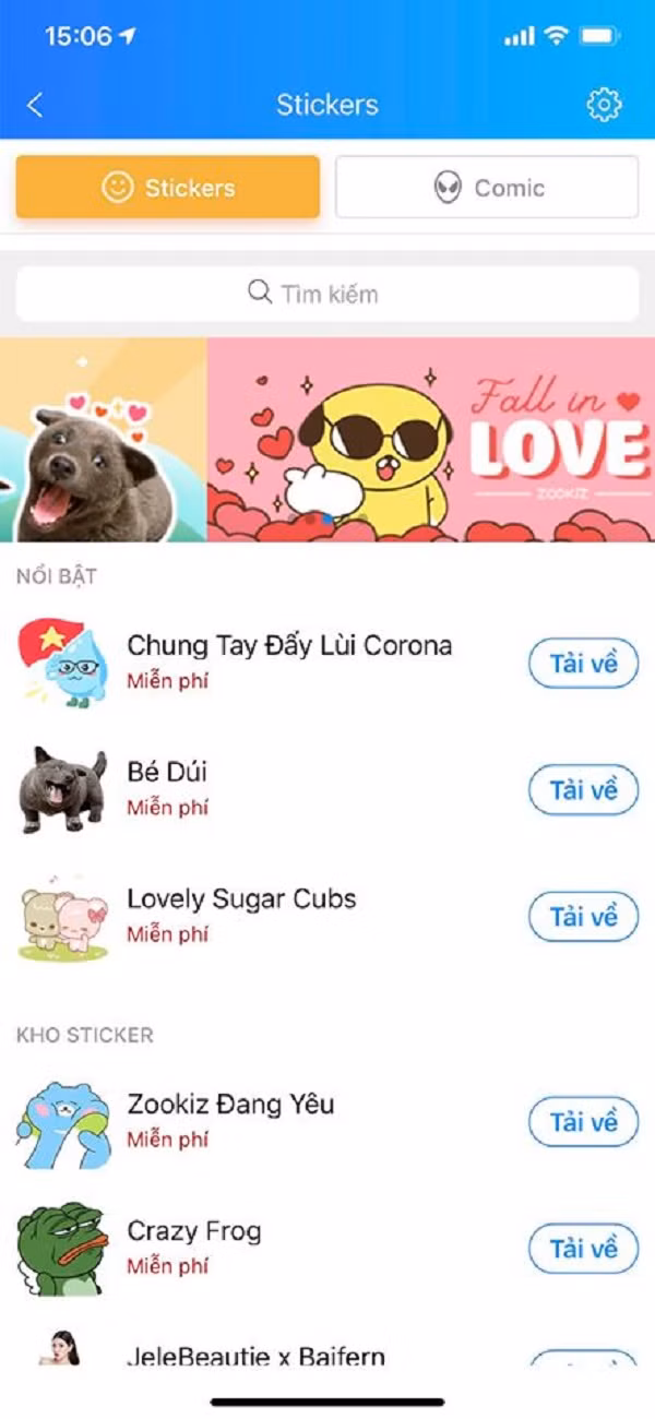 Sau đó ấn dấu + ở góc phải màn hình, tải xuống bộ ảnh Bé Dúi xuất hiện ngay phần đầu của các dãy sticker trong Zalo.