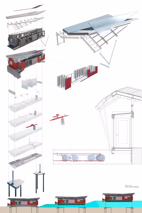 Ngôi nhà được xây từ một hệ khung đúc sẵn bằng bọt polystyrene cùng với lớp bao che là kính cường lực và bê tông sợi được gia cố khiến cho nó đủ nhẹ và trở thành một chiếc bè nổi khi nước lũ dâng lên. Khi nước dâng, ngôi nhà sẽ tách khỏi dây neo và có thể nâng lên đến độ cao 3.66 mét (~12 feet) nhưng sẽ không trôi ra xa mà hoạt động như một chiếc bè cung cấp năng lượng từ pin đủ cho việc sử dụng tạm thời đến khi có trợ giúp.