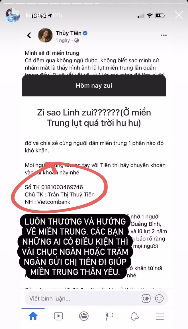 Cô nàng chia sẻ hình ảnh tài khoản ngân hàng của ca sĩ Thuỷ Tiên và kêu gọi mọi người ủng hộ.