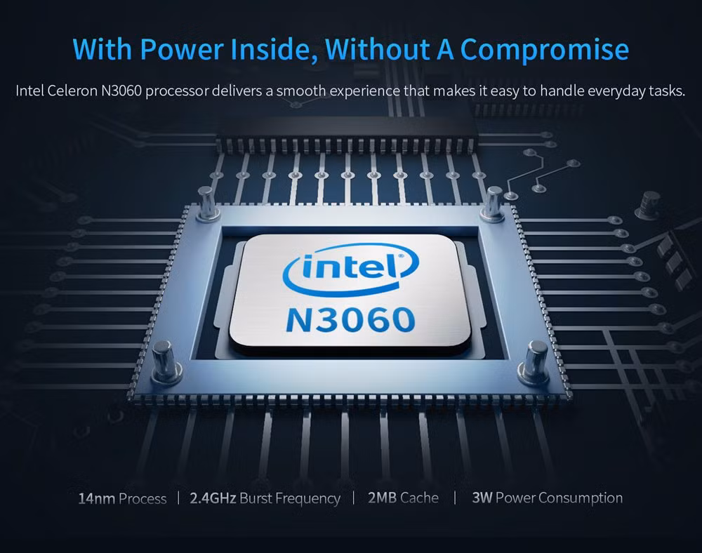 Không giống như một số PC dưới 100 USD thường thấy, B1 được chạy bộ vi xử lý CPU Intel Celeron N3060 đủ mạnh mẽ cho các tác vụ văn phòng cơ bản.
