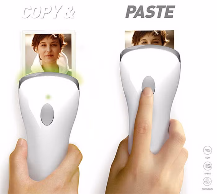 Copy &amp; Paste là một thiết bị sao chép cầm tay nhỏ gọn, cho phép người dùng có thể quét và in hình ảnh ở bất cứ đâu và trên bất cứ thứ gì. Người dùng chỉ cần nhấn nút và quét đối tượng, sau đó chọn một mặt phẳng bất kỳ và nhấn nút lần nữa. Hình ảnh sẽ được sao chép rõ nét bằng mực in màu.
