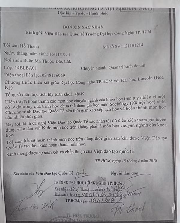 Đơn đề nghị nhà trường xác nhận đã hoàn thành 48/49 môn học của ông Hồ Thanh