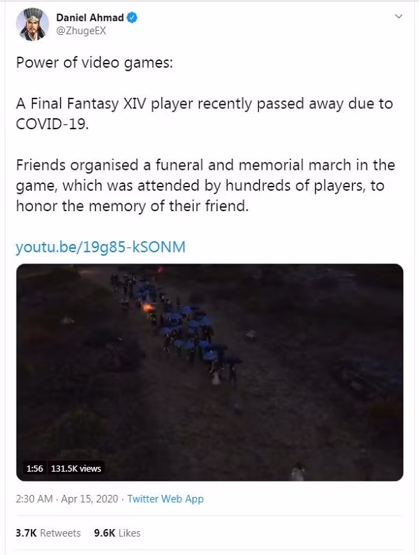 Mới đây trang Twinfinite đưa tin, một game thủ của Final Fantasy 14 không may nhiễm COVID-19 và không thể qua khỏi sau nhiều ngày tích cực chữa trị. Nữ game thủ được biết đến với cái tên Ferne Le'roy ở server Zalera và Poppy Rose ở server Coeurl.