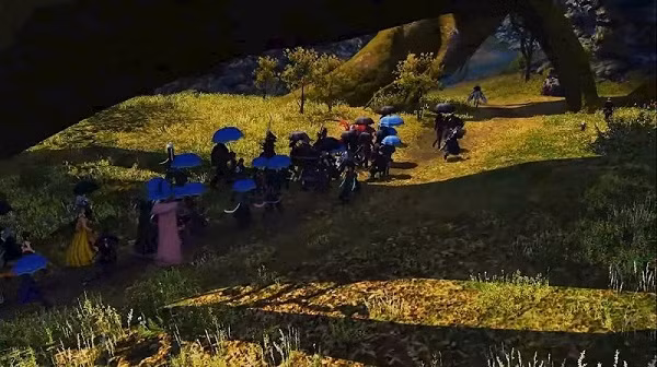 Những người chơi sôi nổi thường ngày trong FFXIV, giờ đây trong trang phục màu đen đi bộ quanh thành phố khoảng một tiếng đồng hồ. Nhiều người thậm chí còn chưa từng tương tác với game thủ này nhưng vẫn tham gia diễu hành cho đến địa danh cuối cùng là Cây Vệ thần.