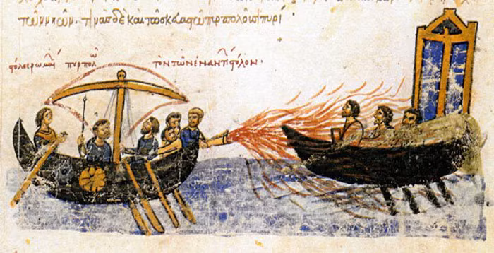 Vào khoảng từ thế kỷ thứ 7 đến thế kỷ thứ 12, Đế quốc Hy Lạp (Byzantines) dùng một chất bí ẩn để bắn vào địch thủ trong hải chiến, loại chất lỏng hoá học này có thể cháy trong nước có tên là Greek Fire (Ngọn lửa Hy Lạp). Do Hy Lạp giữ bí mật nên loại vũ khí này đã thất truyền cho tới ngày nay.
