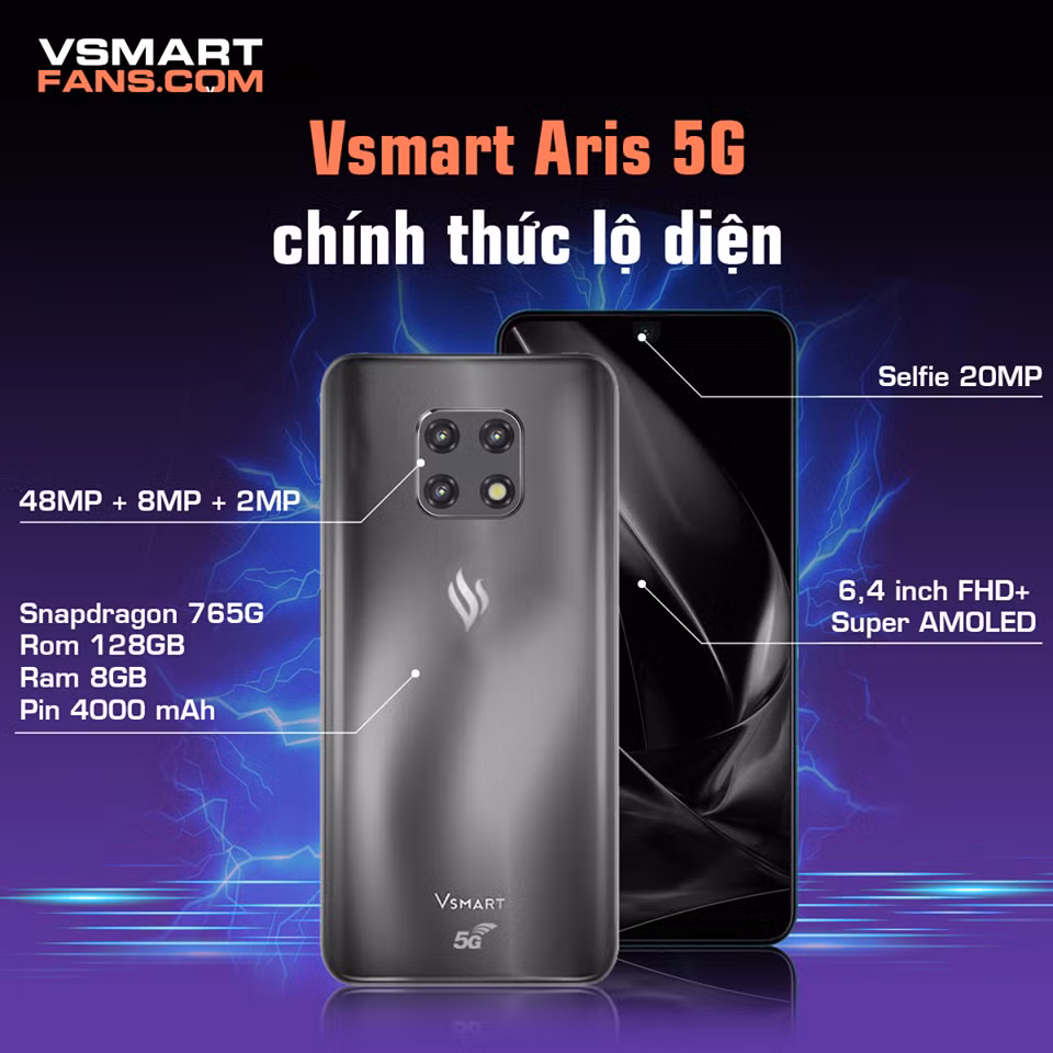 Vsmart Aris 5G là thành quả của quá trình hợp tác giữa Qualcomm và VinSmart. Sản phẩm thuộc phân khúc cận cao cấp, sở hữu những tính năng cao cấp và độc đáo như khung kim loại nguyên khối, hỗ trợ mạng 5G Sub 6 GHz.