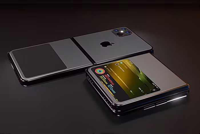 Trong bản dựng này, iPhone Flip còn có thêm một màn hình phụ phía sau khá lớn để hiển thị thêm thông tin về ngày giờ, phần trăm pin.