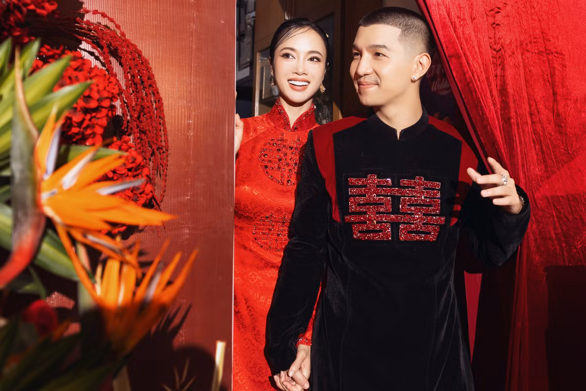 Cặp đôi ngập tràn hạnh phúc trong ngày trọng đại. Ảnh: Saostar