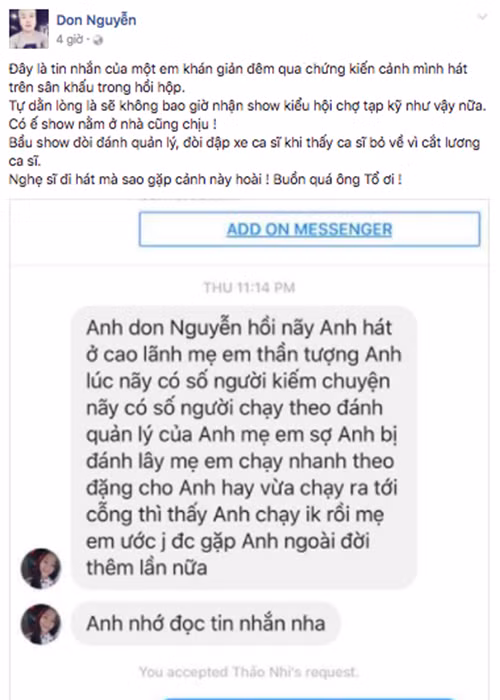 Đi diễn tỉnh, nghệ sĩ còn gặp rủi ro bị bầu show không đàng hoàng quỵt tiền cát-sê. Don Nguyễn tiết lộ trong một lần đi diễn ở Đồng Tháp, khi định bỏ về vì phát hiện bầu show ăn chặn tiền cát-sê, anh bị bầu show ép trở lại hát nếu không sẽ cho MC nói xấu.