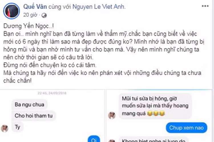 Khi Việt Anh bị Dương Yến Ngọc chê dao kéo xấu, Quế Vân lập tức tố Dương Yến Ngọc từng nhờ cô tư vấn sửa mũi bị hỏng sau dao kéo.