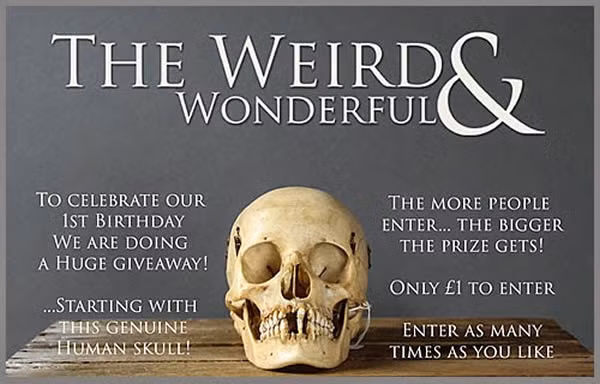 Sọ đầu lâu là giải thưởng xổ số của một trang web "The Weird and Wonderful". Sau khi bị phàn nàn, trang web này đã quyết định hủy bỏ giải thưởng.