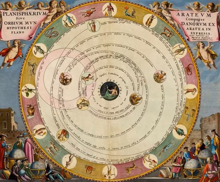 1. Mô hình vũ trụ của Andreas Cellarius (1660): Là một trong những tấm bản đồ kỳ lạ nhất thế giới do con người tạo ra, hình vẽ mô tả mô hình vũ trụ theo nhà thiên văn học Hy Lạp Aratus, với Trái Đất ở trung tâm và các hành tinh bay xung quanh.