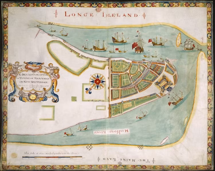 5. Hình thu nhỏ của New York khi là thuộc địa của Anh (1664): Mô tả New York với các tên địa điểm từ thời thuộc địa Anh, bao gồm Sông Hudson và Longe Isleland.