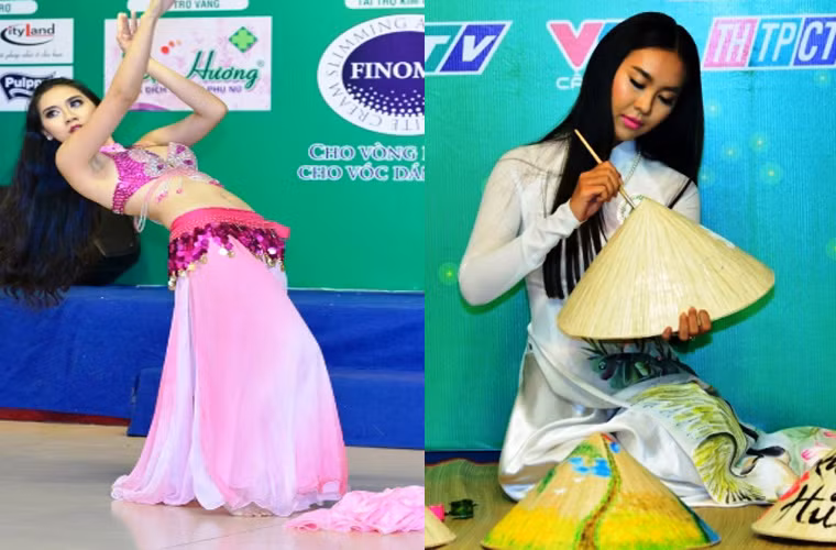 Thí sinh Nguyễn Trần Thiên Hà (trái, SBD 144) chia sẻ niềm yêu thích với bộ môn nghệ thuật múa Belly dance trên nền nhạc mà bạn đặt tên là “Vũ điệu tuổi 20”. Cô gái trẻ chia sẻ: “Em chọn Belly dance bởi đó là sở thích, nhưng sau phần thi này, em nghĩ đó là niềm đam mê của em rồi”.