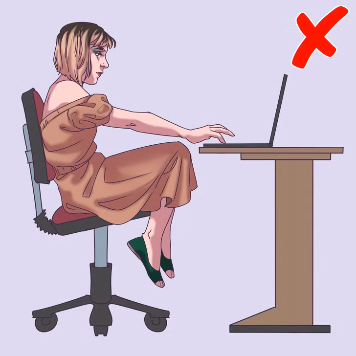 Bạn không điều chỉnh chiều cao của ghế để hông của bạn cao hơn đầu gối một chút: Các chuyên gia cũng khuyên bạn nên điều chỉnh ghế sao cho hông cao hơn đầu gối của bạn một chút. Về cơ bản, đầu gối nên gập một góc 90 độ. Ban đầu có thể khó, nhưng bạn nên cố gắng duy trì tư thế này càng nhiều càng tốt.