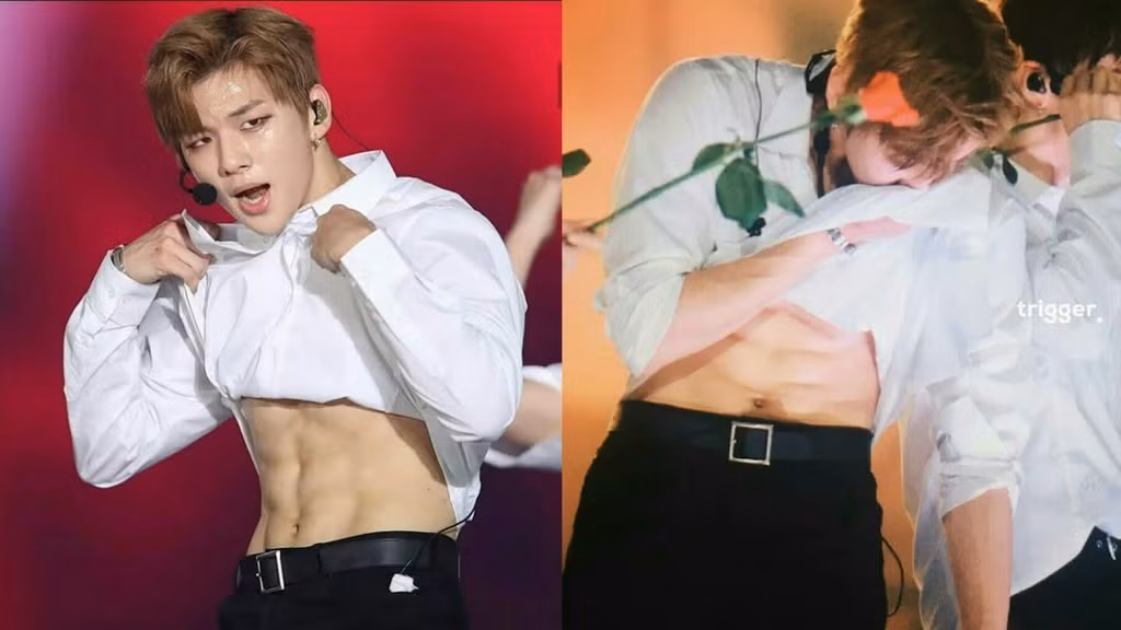 Kang Daniel cũng có màn vén áo khoe cơ bụng 6 múi cực phẩm khiến fan “xịt máu mũi”.