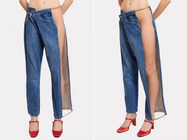 Chiếc quần jeans này như bị ai đó làm rách mất một bên nhưng thực chất nó lại là thiết kế thời trang có giá hơn chục triệu đồng.