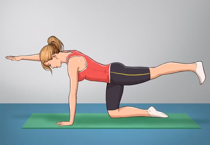 Tư thế cân bằng cột sống: Chân quỳ gối và tay chống xuống mặt thảm, mũi chân úp sát thảm. Nâng cao một chân và tay ngược bên, duỗi thẳng, giữ trong vài nhịp thở rồi trở về tư thế chuẩn bị. Lặp lại động tác 10 lần mỗi bên.