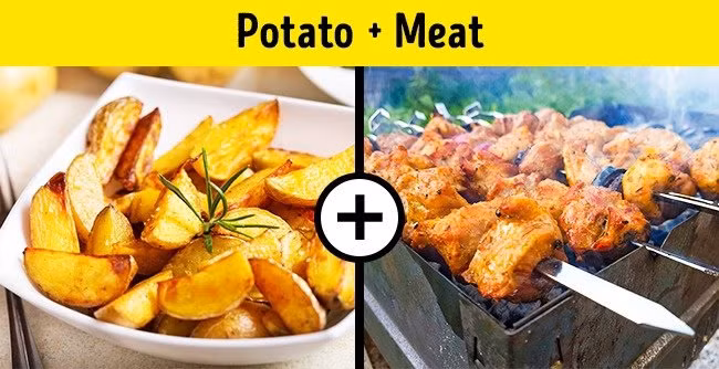3. Khoai tây và thịt: Mọi người đều cho rằng khoai tây chiên với thịt nướng là sự kết hợp hoàn hảo. Tuy nhiên, sự kết hợp nay sẽ gây gánh nắng cho cơ thể, bởi vì tinh bột trong khoai tây cần dịch tiêu hóa có tính kiềm, và protein trong thịt cần dịch tiêu hóa có tính axit, vì vậy khi chúng kết hợp với nhau, sẽ gây tắc ứ trong dạ dày, có thể khiến bạn cảm thấy nóng trong ngực, nấc, muốn "xì hơi"…Vì vậy, khi ăn thịt, hãy lựa chọn các loại rau không có tinh bột như bông cải xanh, măng tây, đậu xanh hoặc bí ngòi.