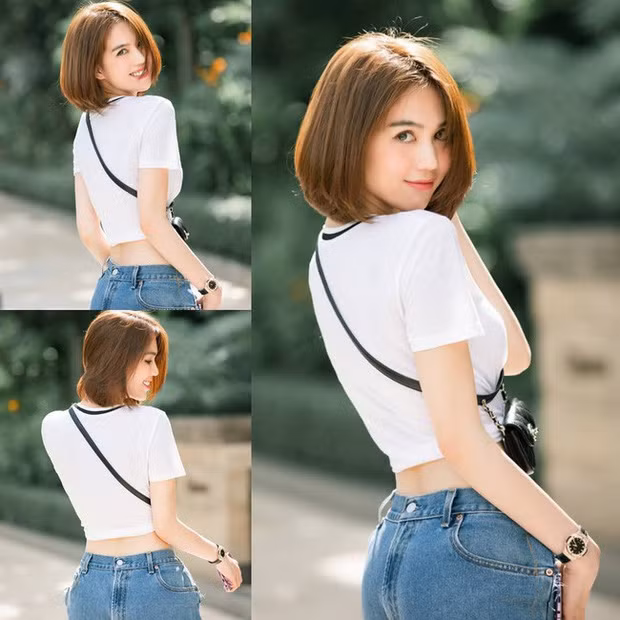Chiếc quần "trước sau như một" của Ngọc Trinh có phần cạp phía sau giống y như phía trước tức là cũng có khóa kéo và khuy cài y hệt.