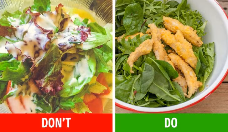Salad trộn: Nước sốt có thể được xem là "linh hồn" của món salad, tuy nhiên nó cũng là thành phần chứa nhiều calo nhất trong món ăn này. Việc trộn quá nhiều sốt cũng chính là nguyên nhân khiến nhiều người ăn salad mãi nhưng không giảm được cân. Do đó, khi ăn salad, bạn nên hạn chế cho nhiều nước sốt. Bên cạnh đó, ngoài rau, cũng đừng quên bổ sung protein từ trứng hay thịt nạc, ức gà... vào salad để có đủ dinh dưỡng, nhanh no bụng.