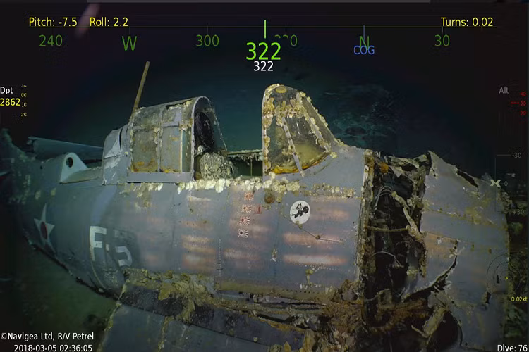 Cận cảnh một chiếc F4F Wildcat thuộc biên chế USS Lexington, lớp sơn trên thân máy bay còn khá nguyên vẹn thậm chí ta còn thấy được số lần nó bắn hạ máy bay Nhật được sơn trên thân. Nguồn ảnh: Stars and Stripes.