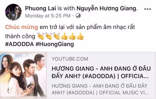 Vào thời điểm Hương Giang cho ra mắt MV đình đám Anh Đang Ở Đâu Đấy Anh, Criss Lai cũng không quên gửi lời chúc mừng đến người yêu cũ trên trang cá nhân:” Chúc mừng em trở lại với sản phẩm âm nhạc rất thành công”.